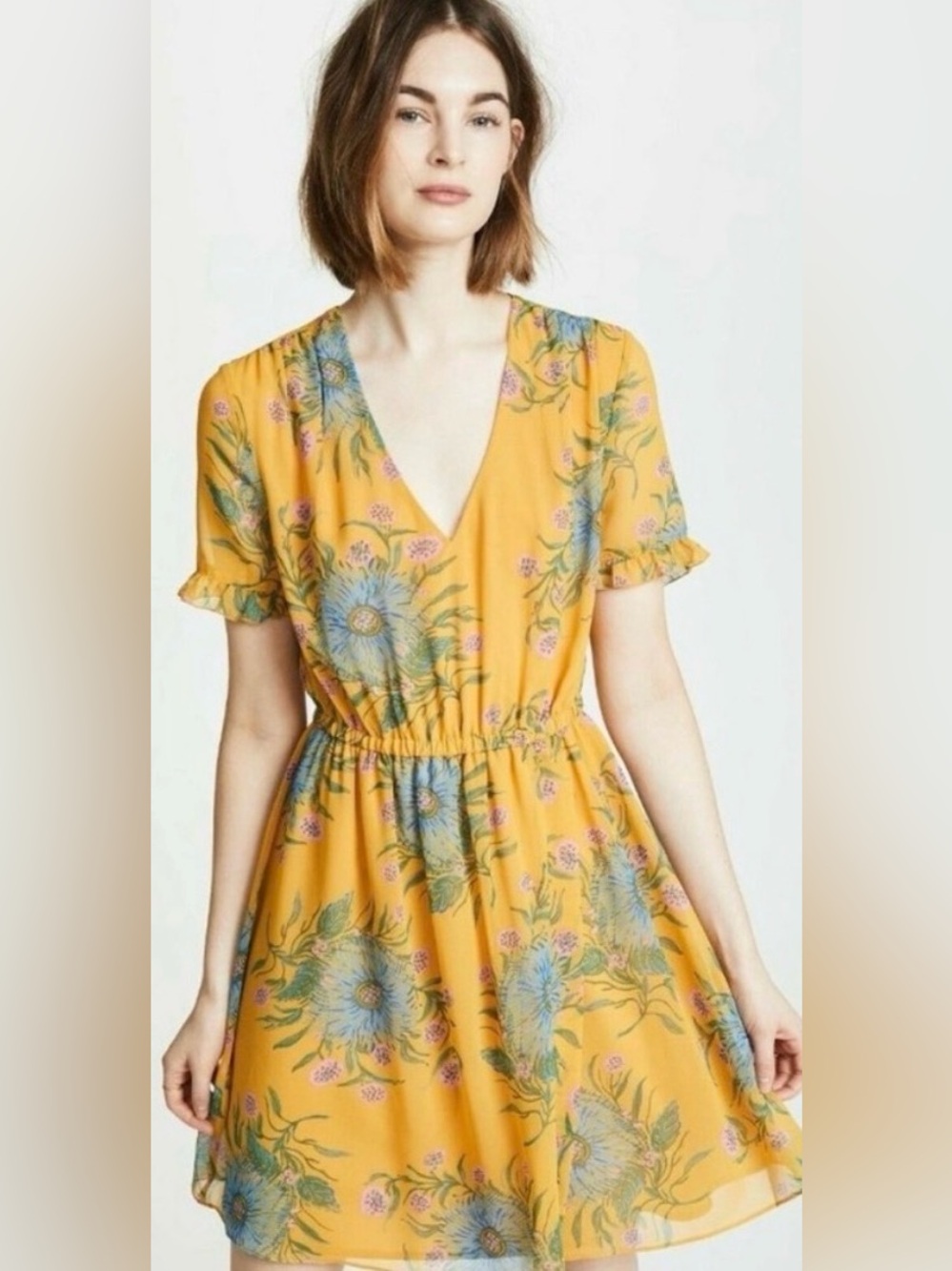 Madewell mustard Yellow Floral V-Neck Mini Dress